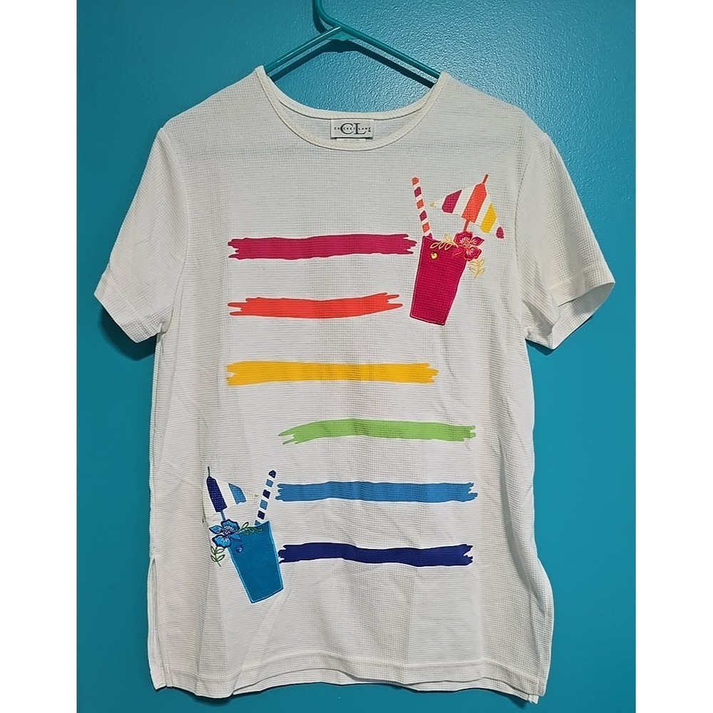 Vtg 80s Sz Medium Colorblock Stripe Cricket Lane Top Beach Summer Fun Drinks USA